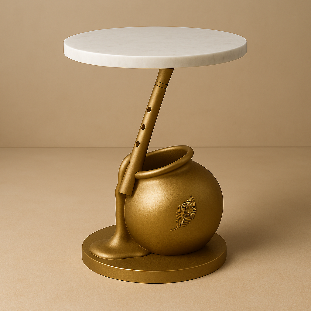 Makhan Leela Side Table (15” Marble Top) – Krishna’s Butter Pot Reimagined in Sculpture