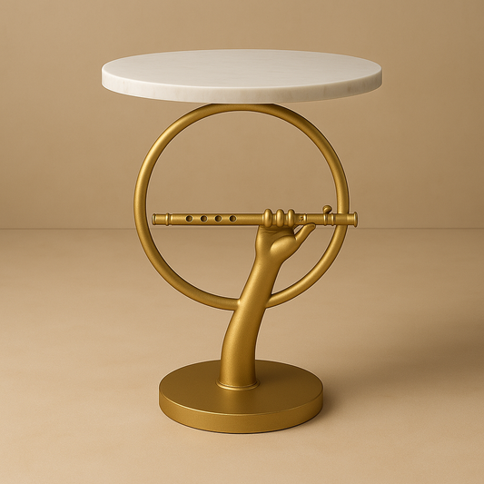 Flute Halo Side Table K (15” Marble Top) – Krishna’s Divine Melody Cast in Sculptural Light