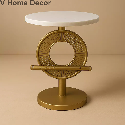 Flute Halo Side Table Q (15” Marble Top) – Krishna’s Divine Melody Cast in Sculptural Light