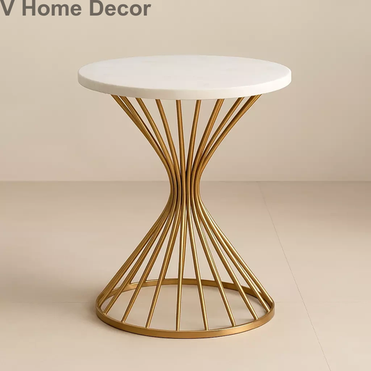 Surya Chakra Side Table (15” Marble Top) – Radiant Metal Mandala Pedestal