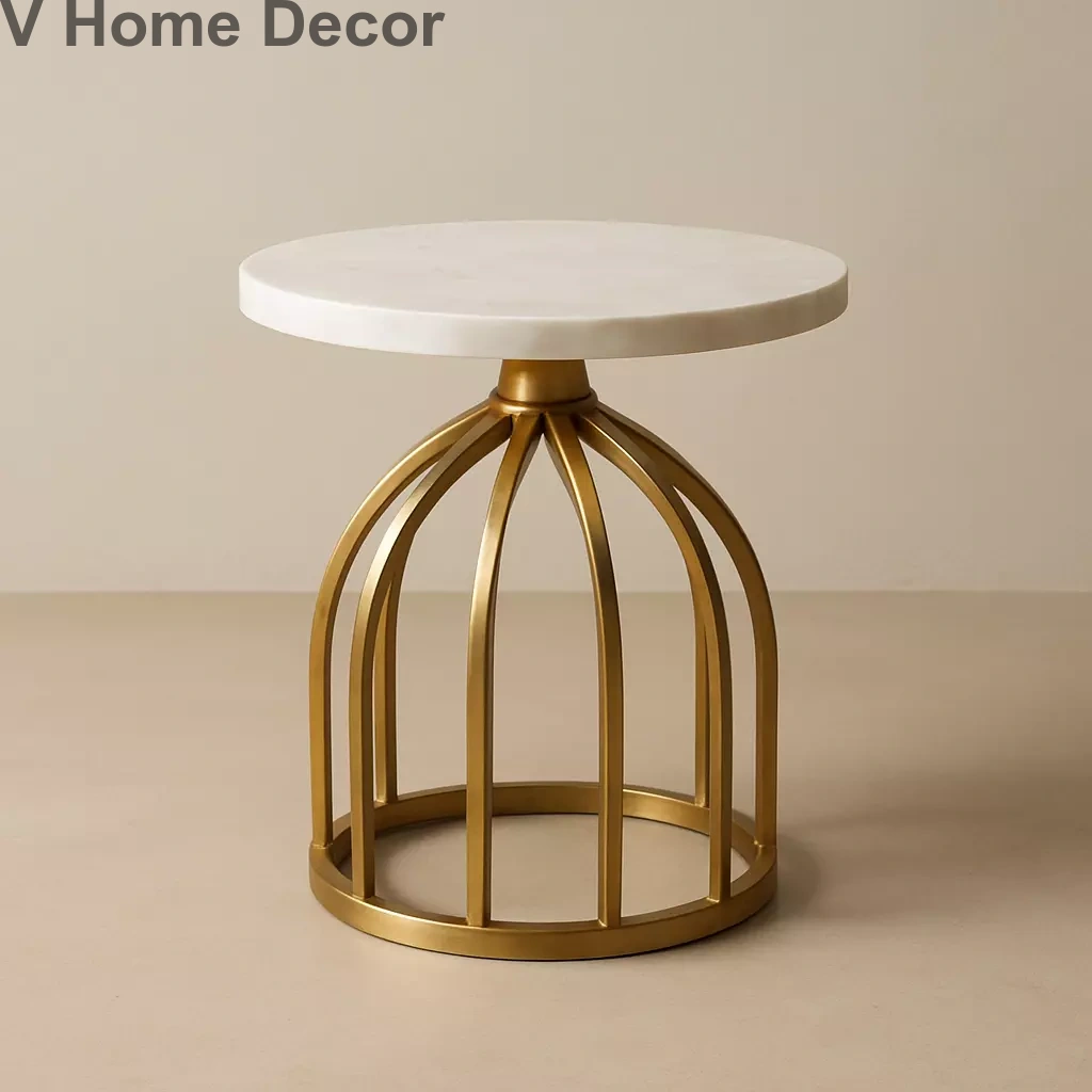 Maqbara Dome Side Table (15” Marble Top) – Mughal Tomb-Inspired Metal Accent