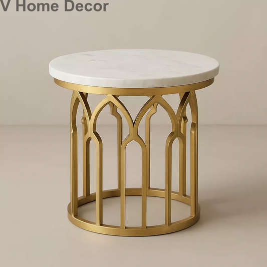 Jharokha Curve Side Table (15” Marble Top) – Arched Balcony-Inspired Metal Stand