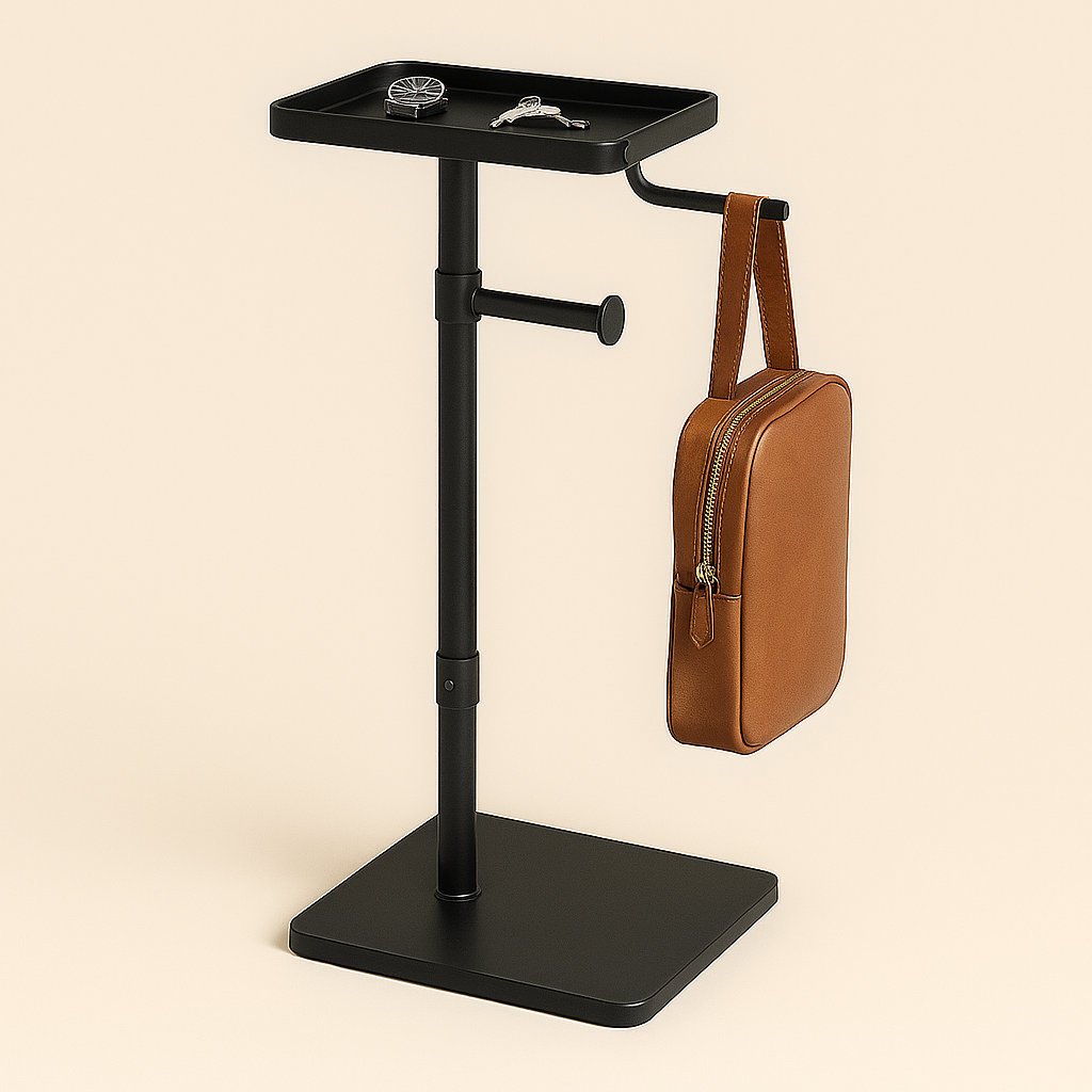 SideMate – Compact Iron Valet Table with Bag Hook & Tray for Entryway or Bedside (Easy Assembly)