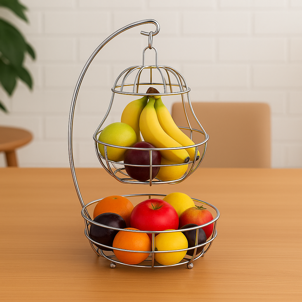 2-Tier Chrome Fruit Basket with Banana Hook – Detachable Top Tray Counter Organizer