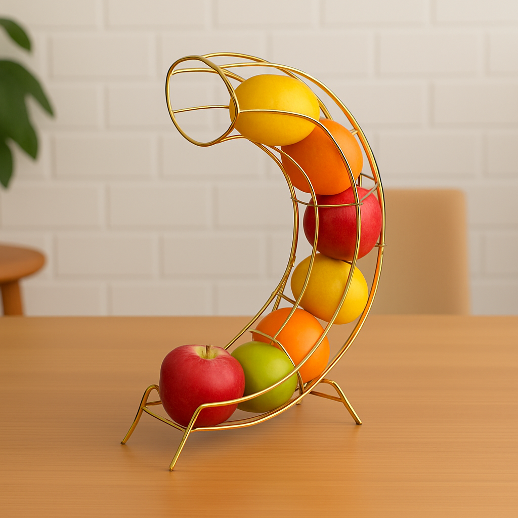 Golden Crescent Fruit Slide – Sculptural Gravity Organizer in Electroplated Steel