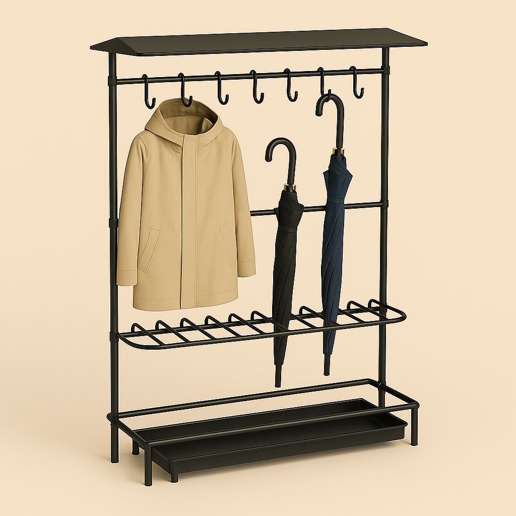 RainBay Compact – 7-User Iron Coat & Umbrella Stand with Welded Hooks and Drip Tray