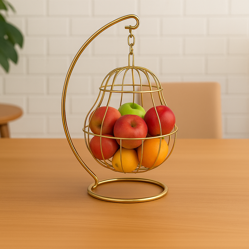 Golden Hanging Fruit Cage – Pear-Shaped Tabletop Organizer with Top Access