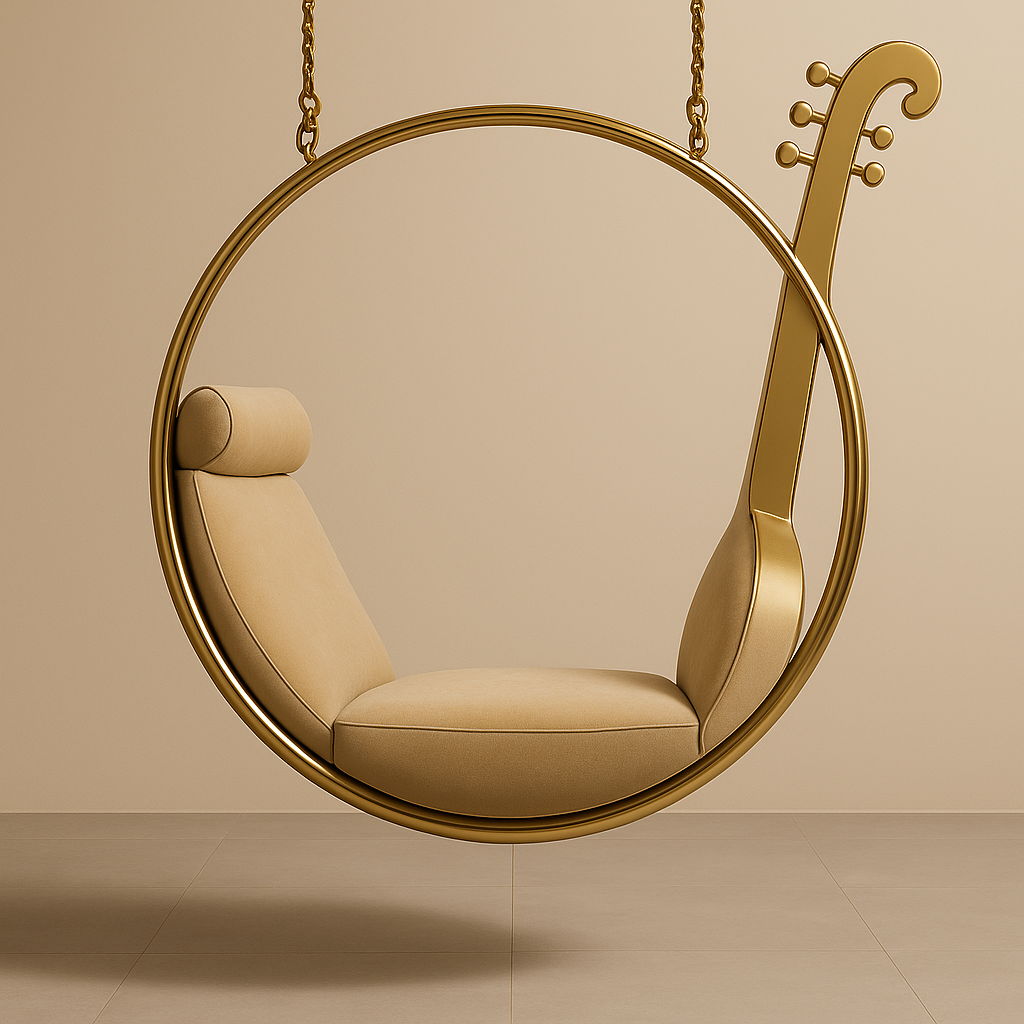 Veena Halo Throne Hanging Swing – 54-Inch Saraswati-Inspired Stainless Steel Jhula with Cushions for Meditation or Balcony (54x28x54")