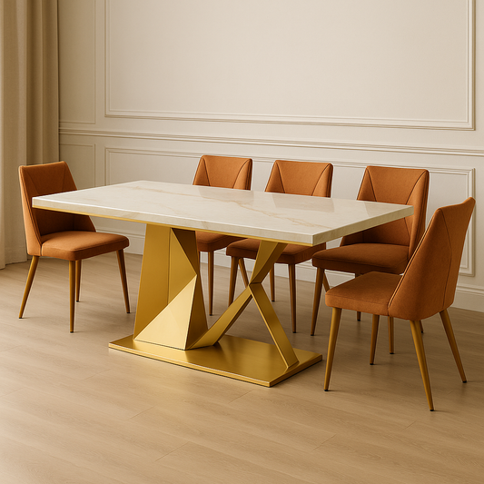 Prism Edge Dining Table Set – Angular Gold Stainless Steel Base with Ivory Marble Top & Taupe Chairs