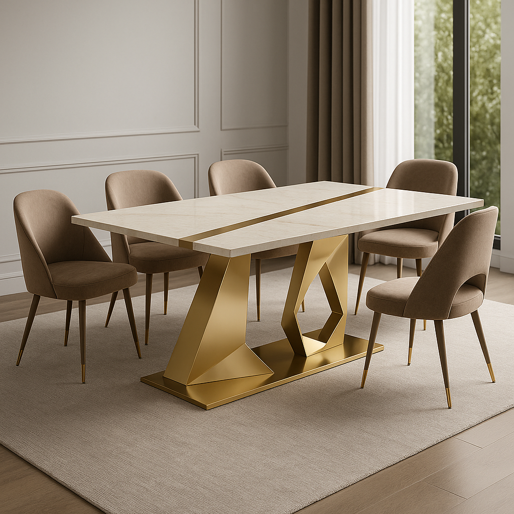 Celestial Rift Dining Table Set – Ivory Marble Top with Gold Inlay & Sculptural Stainless Steel Base
