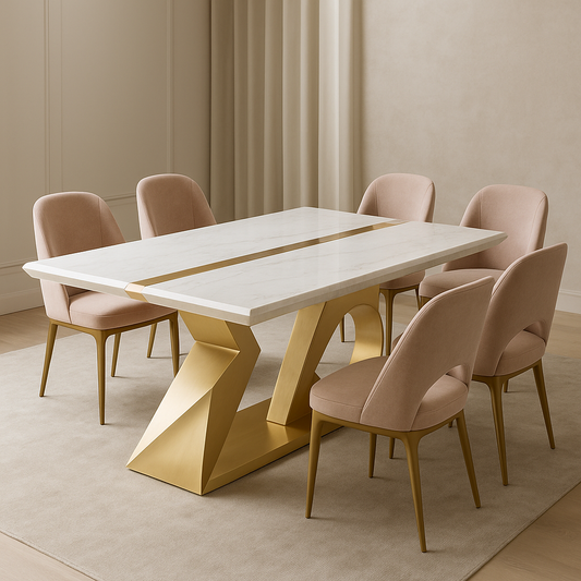 Nova Crest Dining Table Set – White Marble Top with Sculptural Satin Gold Base & Blush Chairs