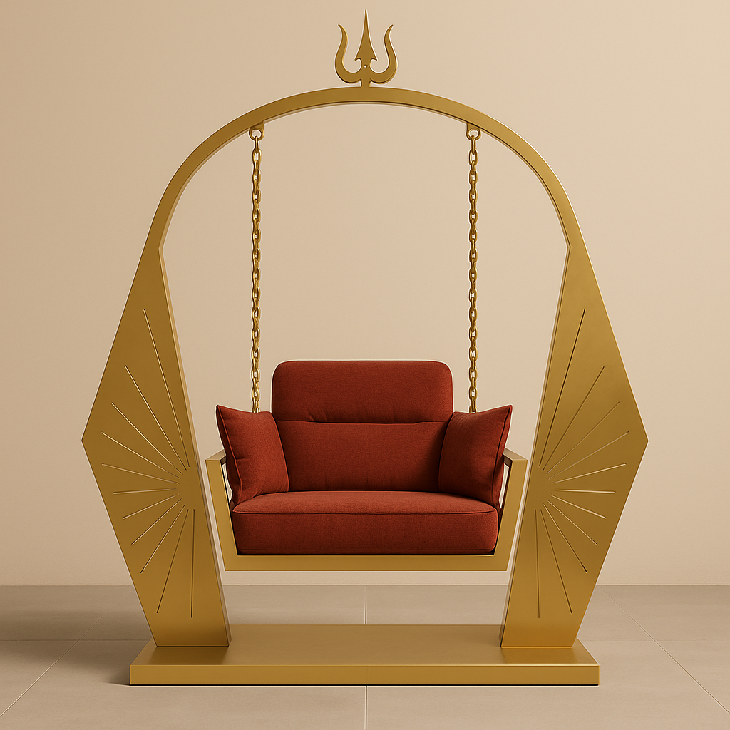 Shakti Shield Floor Swing – 66-Inch Goddess Durga Inspired Stainless Steel Jhula with Cushions for Indoor Sanctuaries (66x32x75")