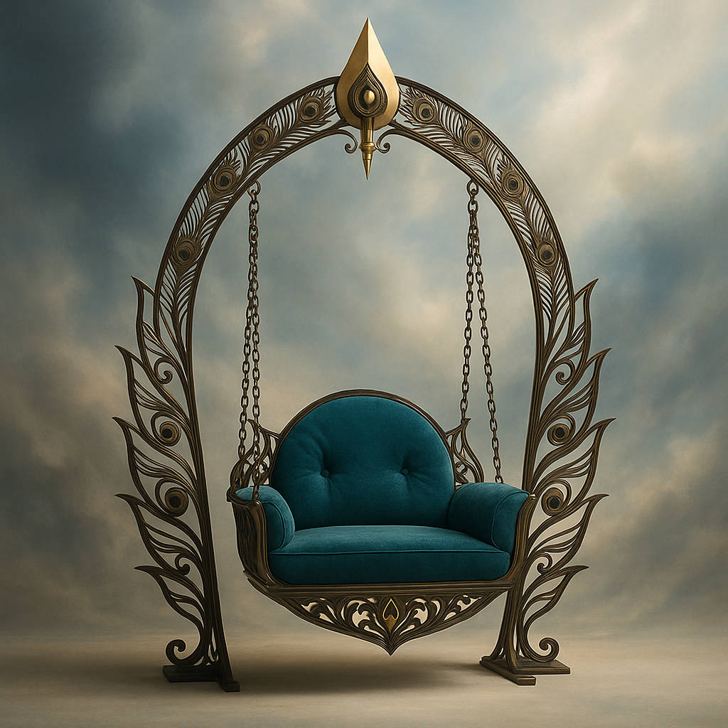 Annam Ascend Floor Swing – 66-Inch Hamsa-Inspired Stainless Steel Jhula with Cushions for Meditation and Luxury Interiors (66x30x72")