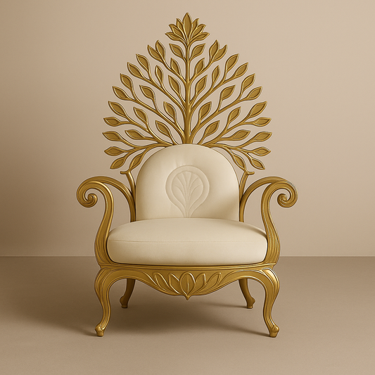 Devi Vriksha Throne – Tree of Life Inspired Artistic Chair in Satin Gold & Ivory Velvet