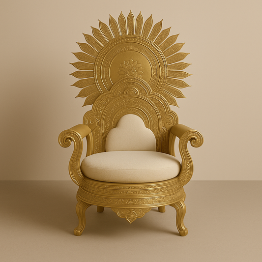 Prabhā Mandala Throne – Kerala-Inspired Celestial Flame Chair in Satin Gold & Ivory