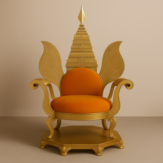 Skanda Gopura Throne – Tamil Temple-Inspired Throne in Satin Gold & Saffron Velvet