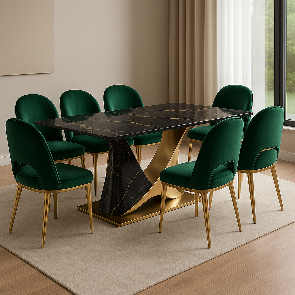 Sculptural Curve Dining Table with Black Marble Top & Emerald Green Velvet Chairs