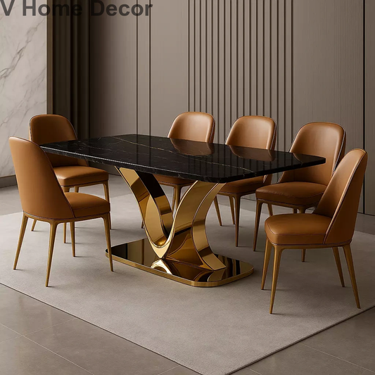 Regalia 6-Seater Luxury Dining table Set – Black Marble Table with Gold Base & Leatherette Chairs