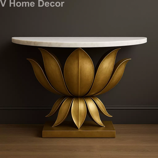 Lotus Bloom All-Metal Console Table with Semi-Round Marble Top