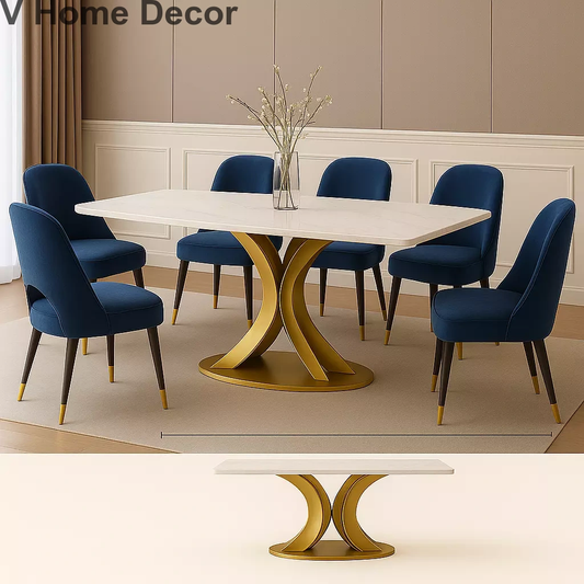 Luxury 6-Seater White Marble Dining Table Set with Gold Base & Velvet Chairs
