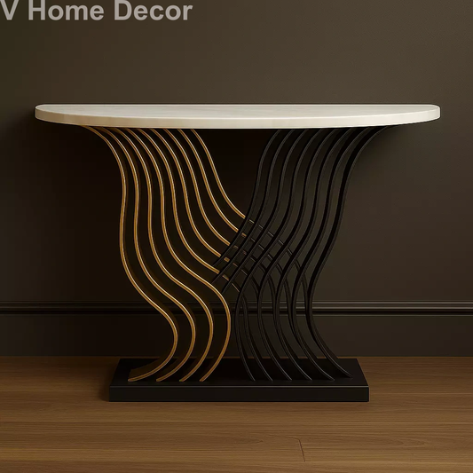 VAANI Luxury Console Table – Handcrafted Metal Wave Base with Oval Marble Top for Entryway, Living Room & Commercial Interiors