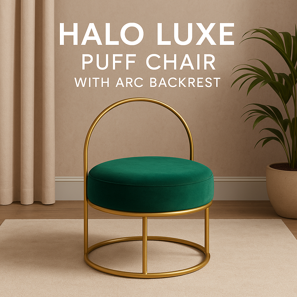 Halo Luxe Puff Chair with Arc Backrest – Premium Velvet & Gold Finish