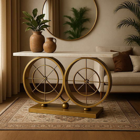 AARNA Gold Ring Console Table with White Marble Top – Sculptural Modern Luxury