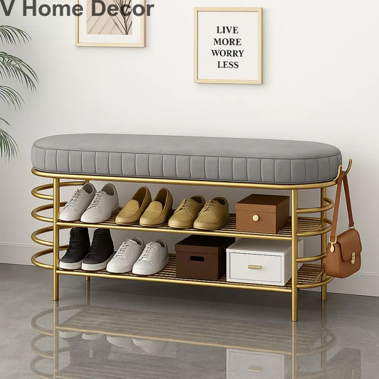 Luxury Gray Velvet Shoe Bench with Gold Frame – Modern Seating & Storage Solution