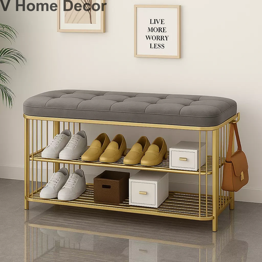 Regal Luxe Gold Shoe Bench with Tufted Cushion