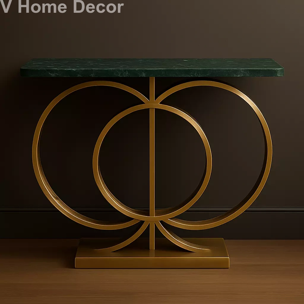 Avira Celestial Console Table – Gold Orbit Design with Green Marble Top