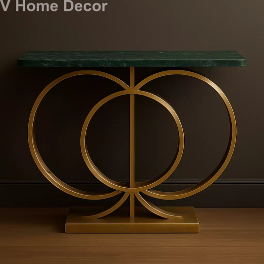 Avira Celestial Console Table – Gold Orbit Design with Green Marble Top