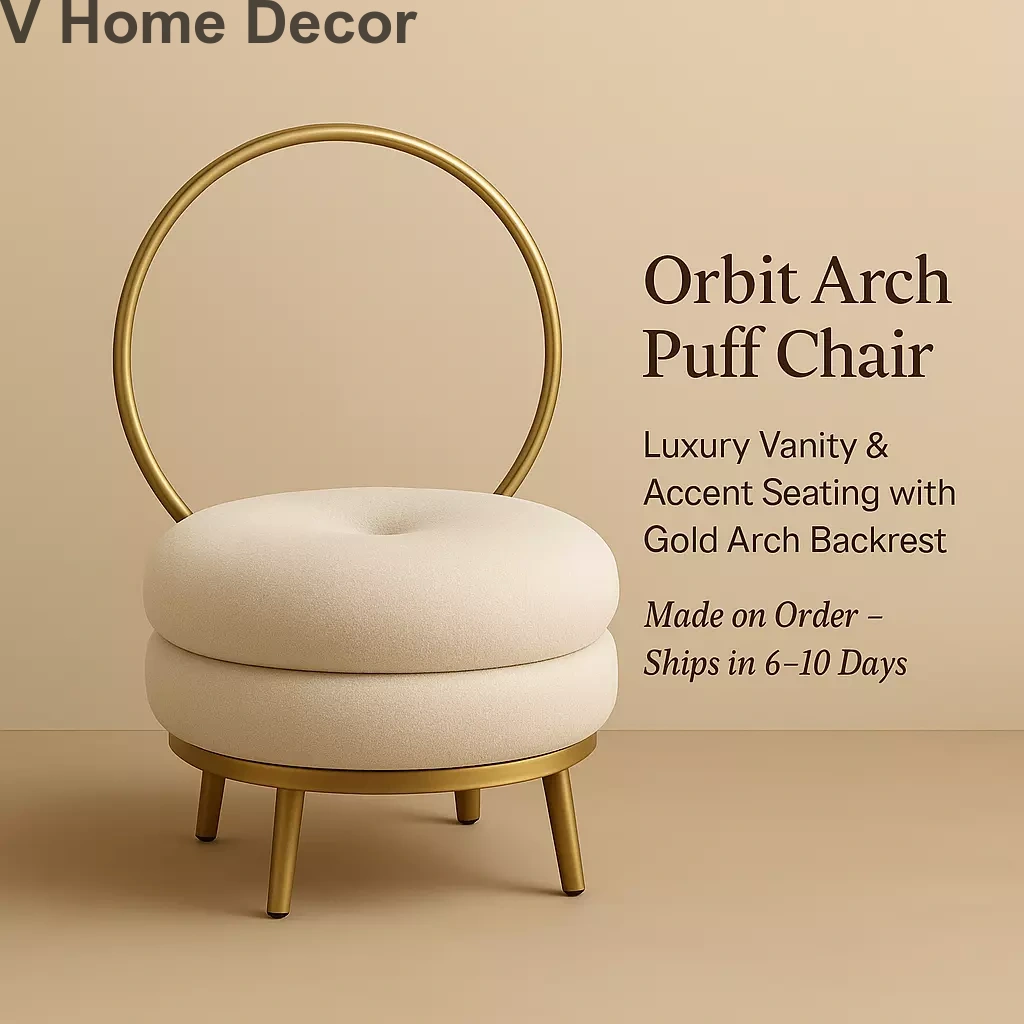 Orbit Arch Puff Chair – Luxe Gold-Back Vanity Seating