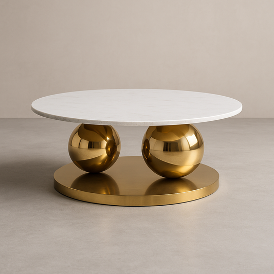 Orb Luxe Round Center Table – White Marble Top with Gold Sphere Base (30")