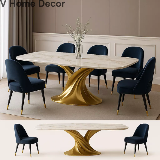 Emerald Aura – Luxury 6-Seater Rectangular Marble Dining Table Set with Sculptural Gold Base