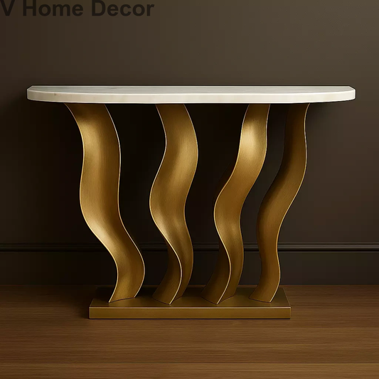 ZARAA Ripple Console Table – Luxury Marble Top with Sculptural Stainless Steel Wave Base