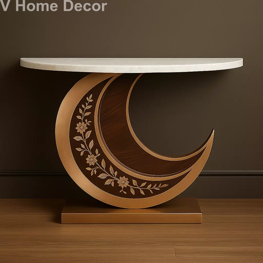 NAZAAQUAT Crescent Console Table – Sculptural Stainless Steel Base with Semi-Oval Indian Marble Top