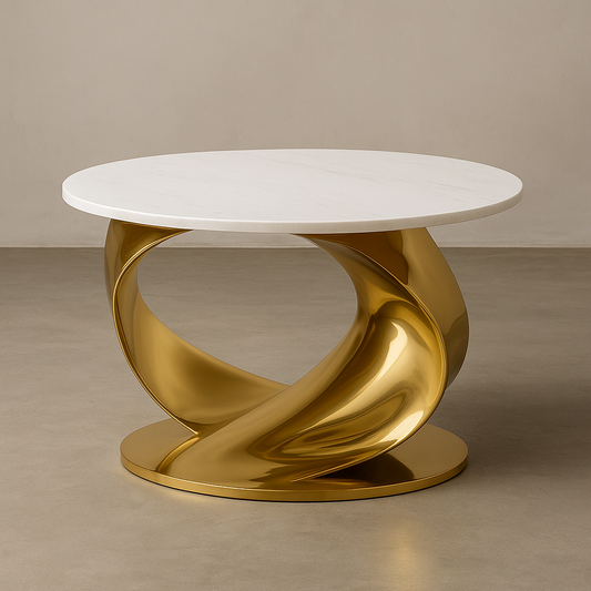 Veil Mirage Luxury Center Table – White Marble Top with Gold Ribbon Base