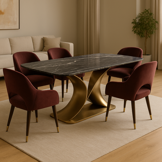 Orion Wave Dining Table Set – Sculptural S-Curve Base with Real Marble & Velvet Chairs