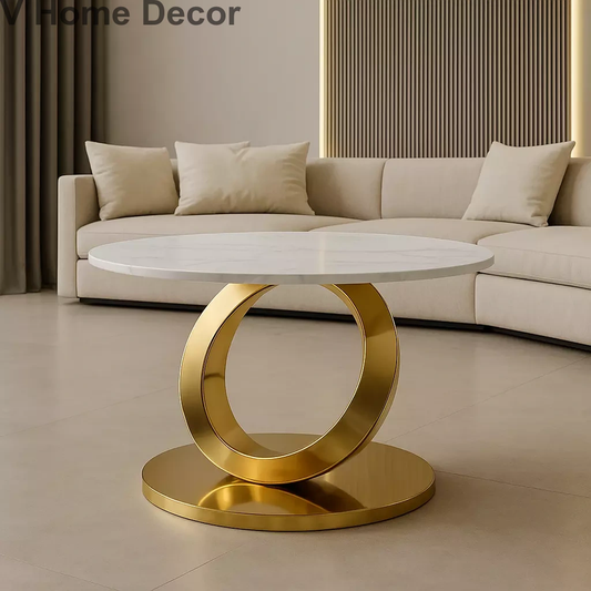Halo Drift Luxury Center Table – 30" White Marble Top with Gold Ring Base