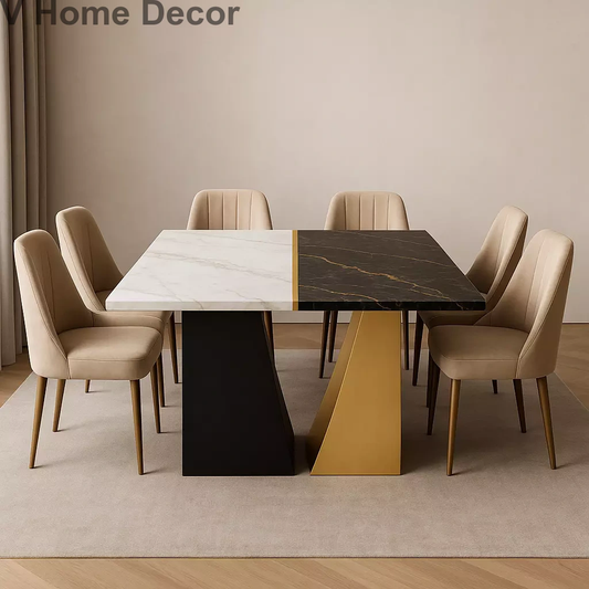 Nova Splice Dual-Tone Marble Dining Table Set – Sculptural Contrasting Base with 6 Velvet Chairs