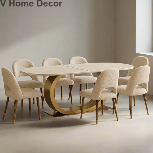 Solis Loop Dining Table Set – Oval Marble Top with Sculptural Infinity Base & Bouclé Chairs