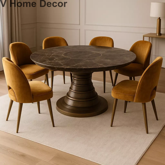Halo Crest Round Marble Dining Table Set – Sculptural Conical Base with Designer Velvet Chairs