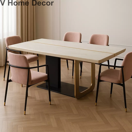 Strato Float Rectangular Dining Table Set – Marble Top with Brass Inlay & Asymmetric Modern Base
