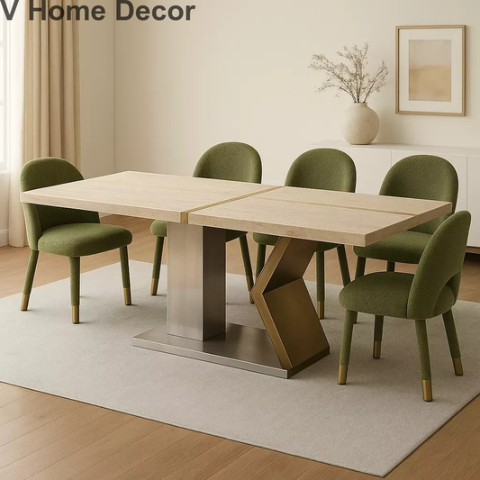Mirage Split Dining Table Set – Stainless Steel Base with Brass Inlay Marble Top & Bouclé Chairs