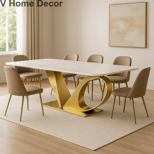 Orbit Shard Dining Table Set – Electroplated Gold Asymmetrical Base with Curved Blade Design