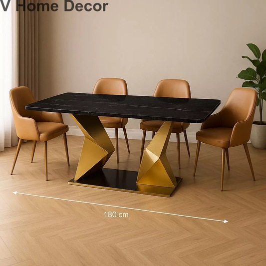 Flux Wing Dining Table Set – Black Marble Top with Sculptural Gold Stainless Steel Base & Tan Chairs