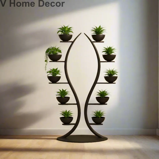 Dvandva Harmony Planter – Dual-Spine Sculptural Iron Display with 10 Cradle Planters (6.5 ft)