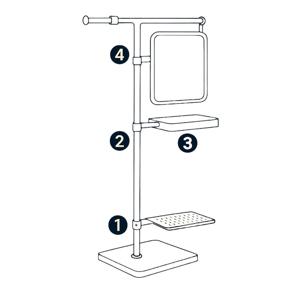 DropBar – Freestanding Entryway Station with Mirror, Tray & Hooks (Easy Assembly, No Wall Drilling)