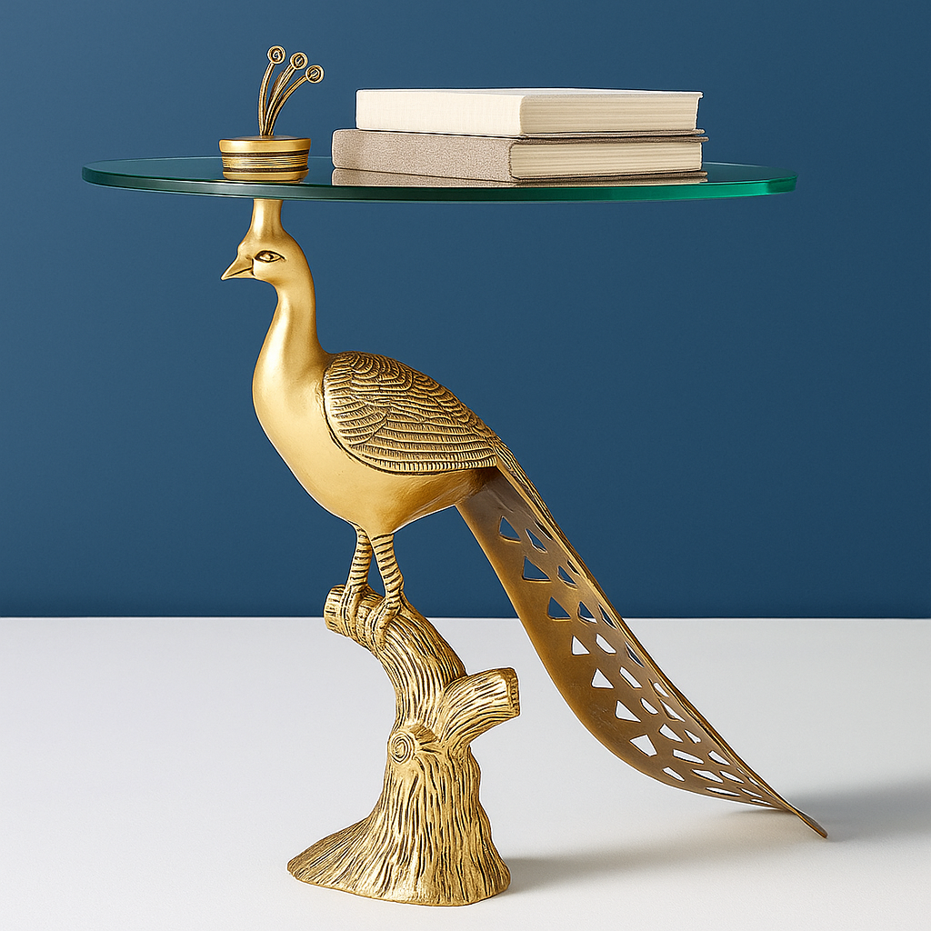Aluminium Peacock Side Table 24 Inch Height 22 Inch Diameter Golden Color Finish