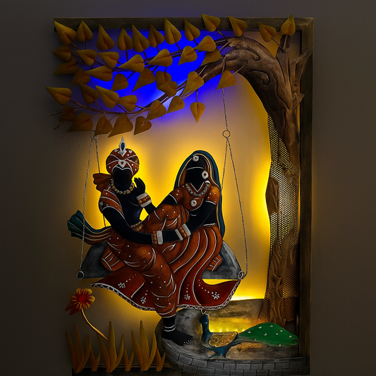 Radha Krishna Jhula Wall Decor with LED Lights 21 Inch by 32 Inch Iron Powder Coated Rust Free